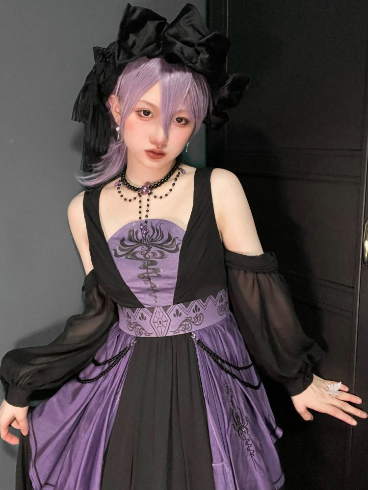 Floral Print Halloween Jumper Skirt Gothic Dress Handkerchief Hem Purple and Black