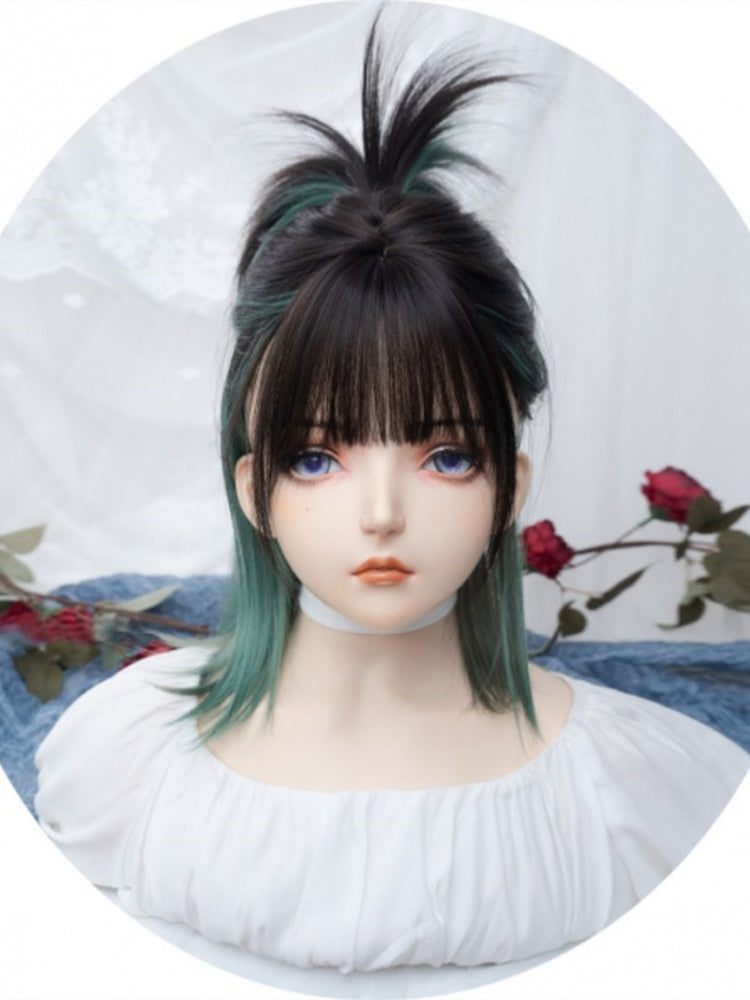 Dip Dyed Green Shoulder Length Black Synthetic Wig