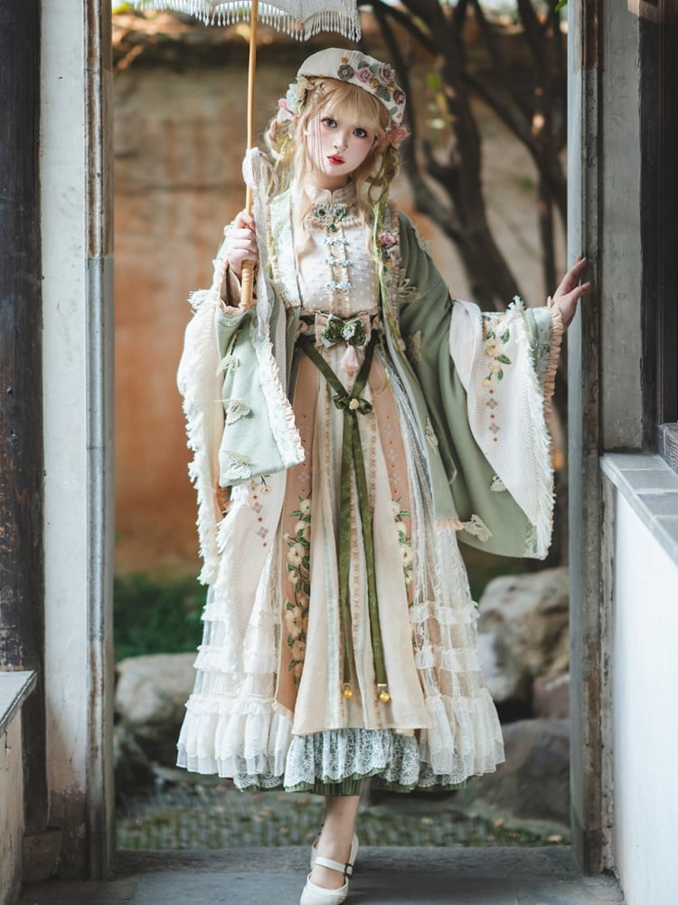 Beige and Green Long Sleeves Lolita Dress OP / Full Set