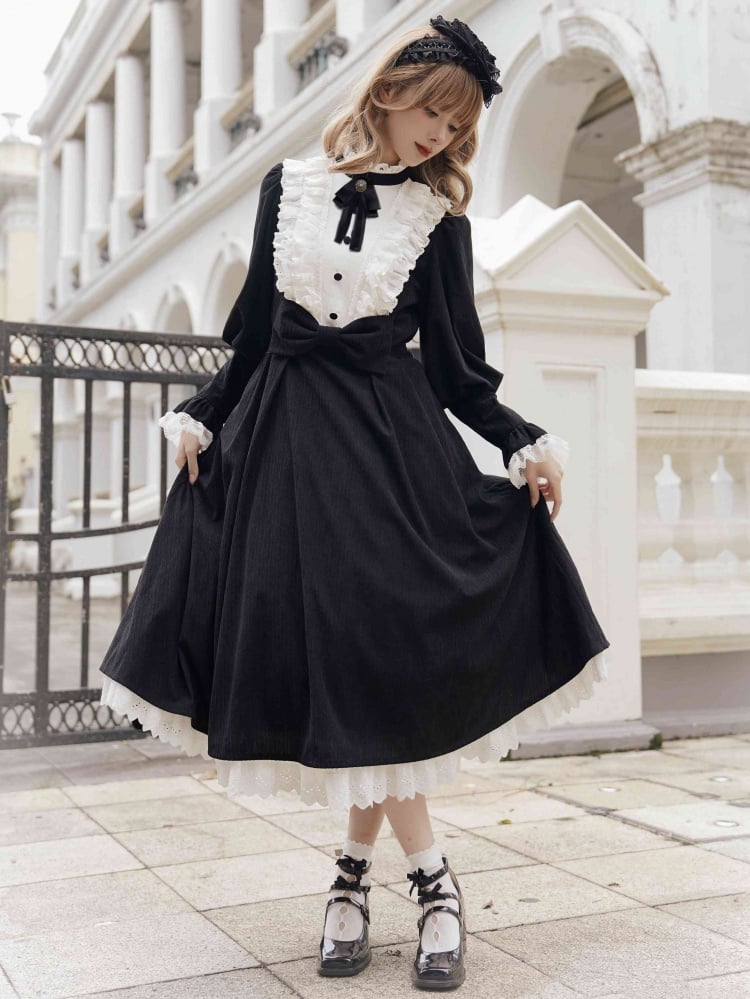 Black and White Elegant Leg-of-Mutton Sleeves One Piece