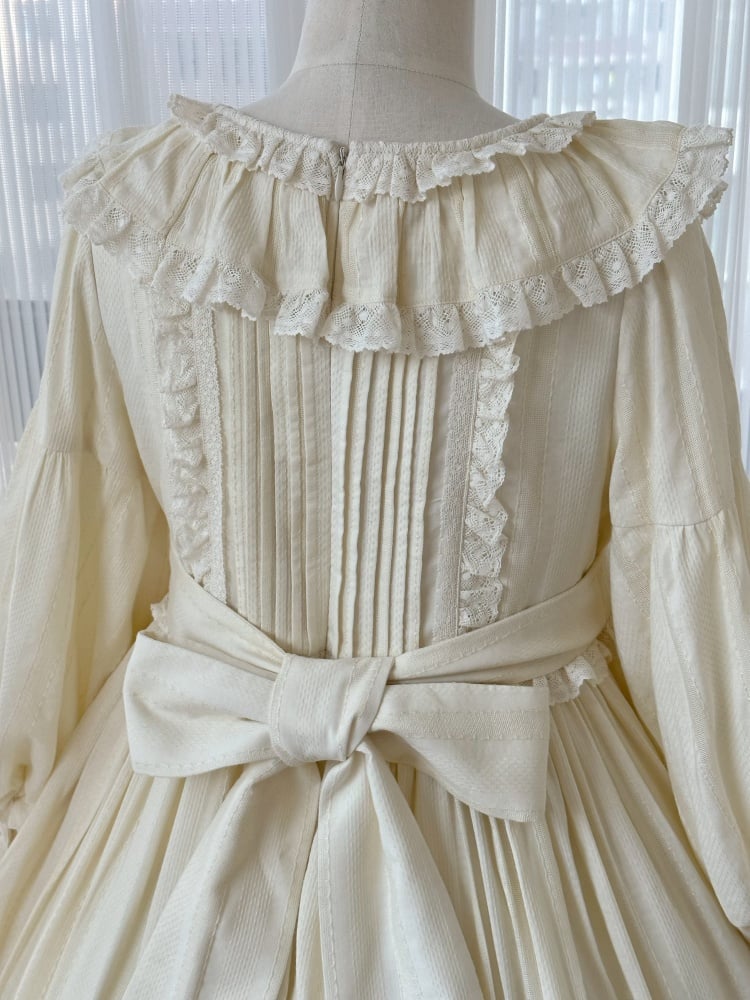 Creamy Cotton Ruffle Trim and Pleating Details Long Sleeves One Piece