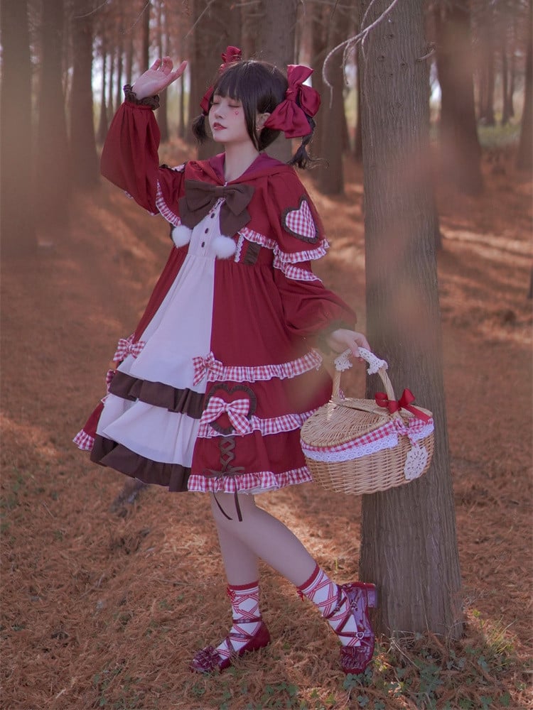 Little Red Riding Hood Full Set - Bowknot Details Empire Waist Sweet One Piece + Hooded Cape