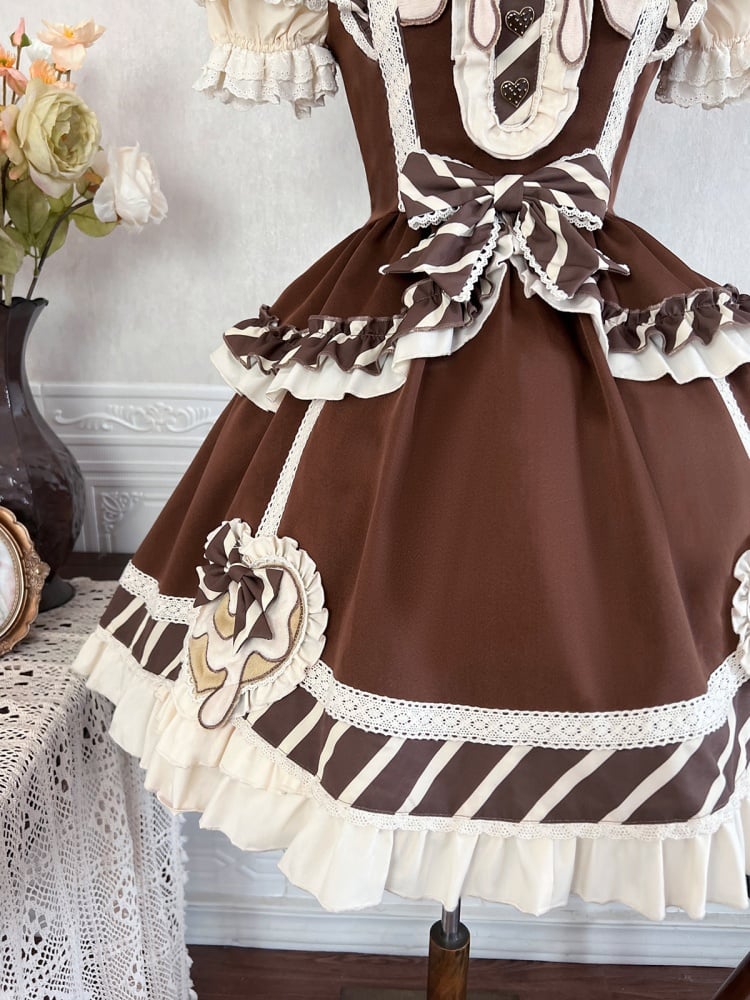 Brown Square Neckline Chocolate Stripes Jumper Skirt