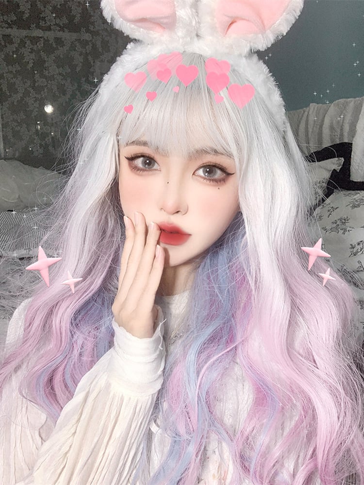 Ombre Pink and Blue Long Wavy Synthetic Wig