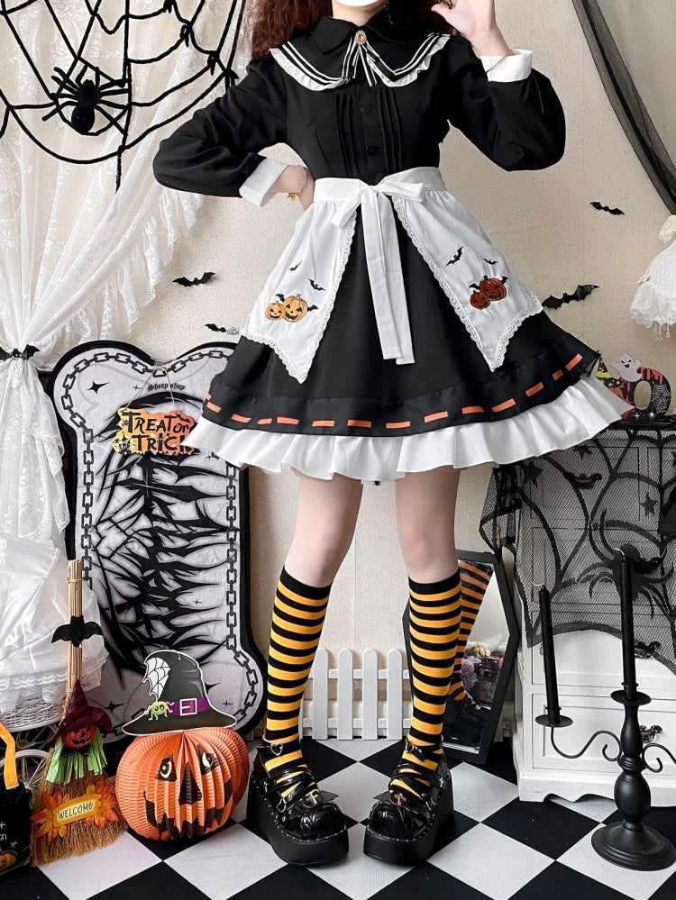 Halloween Sweet Witch Dress Full Set-Black One Piece+Pumpkin Embroidery Cape+White Apron+Bow Train