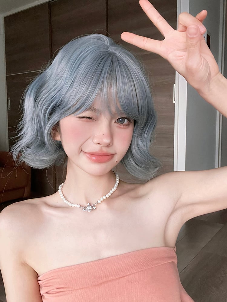 Dusty Blue Short Wavy Synthetic Wig