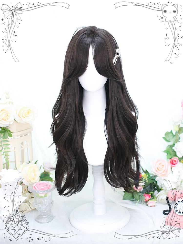 Curtain Bangs Black-brown Long Wavy Synthetic Wig