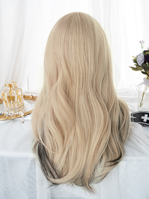 Waist Length Wavy Blonde Black Highlight Hair Color Synthetic Wig