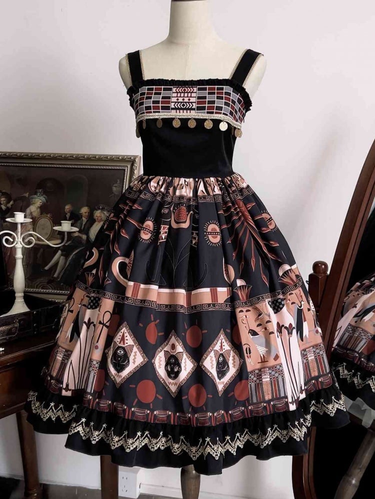 Black Ancient Egypt Totem Print High Waist Jumper Skirt