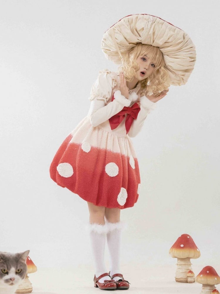 Red Mushroom Bubble Jumper Skirt White Spot Applique