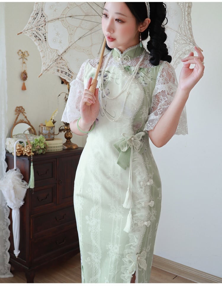 Light Green Figs and Floral Print Elegant Qipao Dress