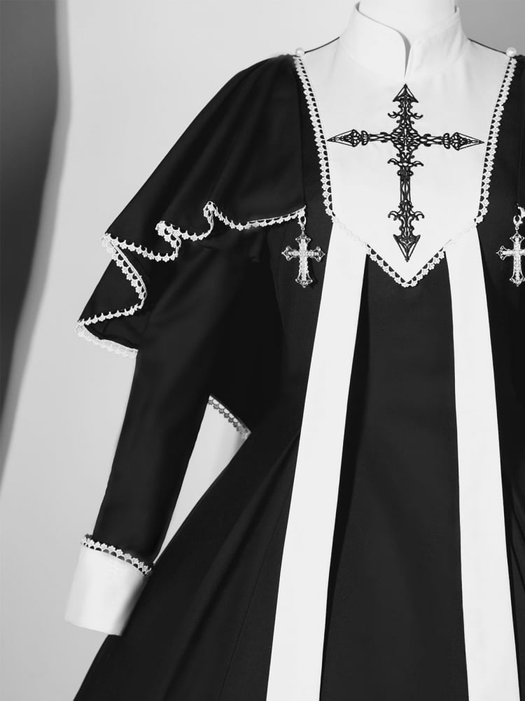 Black and White Cross Embroidery Gothic Nun Lolita Dress + Cape