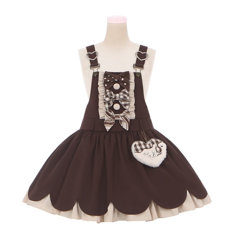 Bunny Ears Brown Scalloped Edge Trim Overalls Bowknot Details - Sukuroi