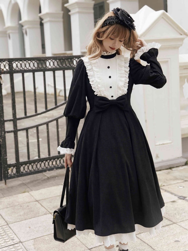 Black and White Elegant Leg-of-Mutton Sleeves One Piece