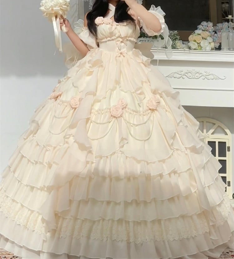 Beige Fairy Gorgeous Hime Lolita Quinceanera Dress Full Set - Sukuroi