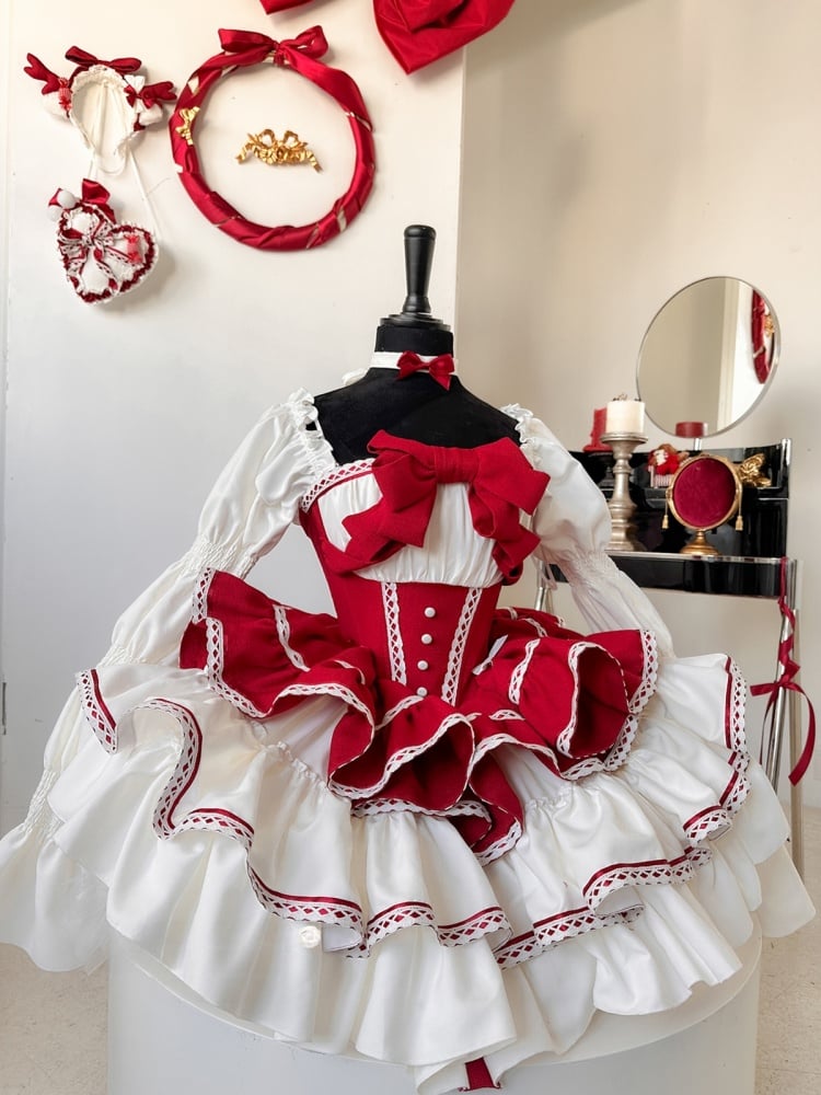 Christmas Puffy Dress White and Red Jumper Skirt Full Set