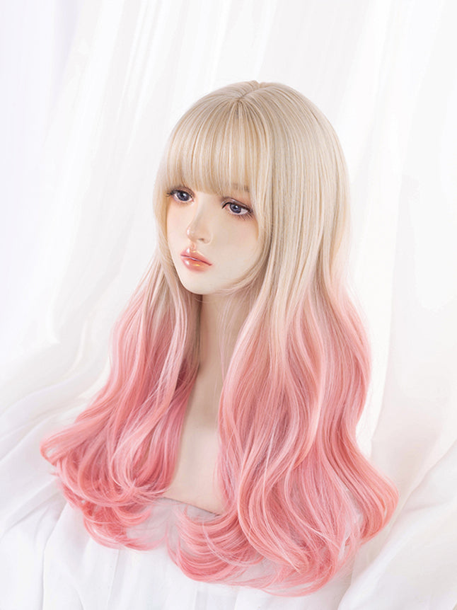 Gold to Orange Pink Ombre Wavy Long Synthetic Wig