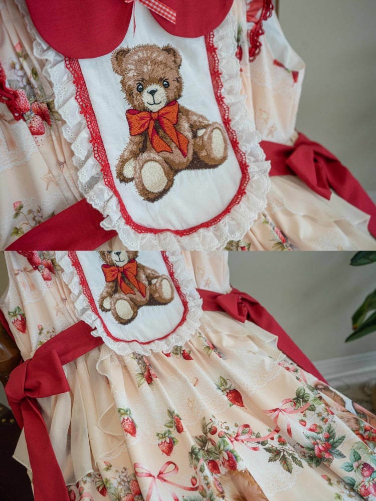 Bear Embroidery and Strawberry Print Red Sweet Jumper Skirt