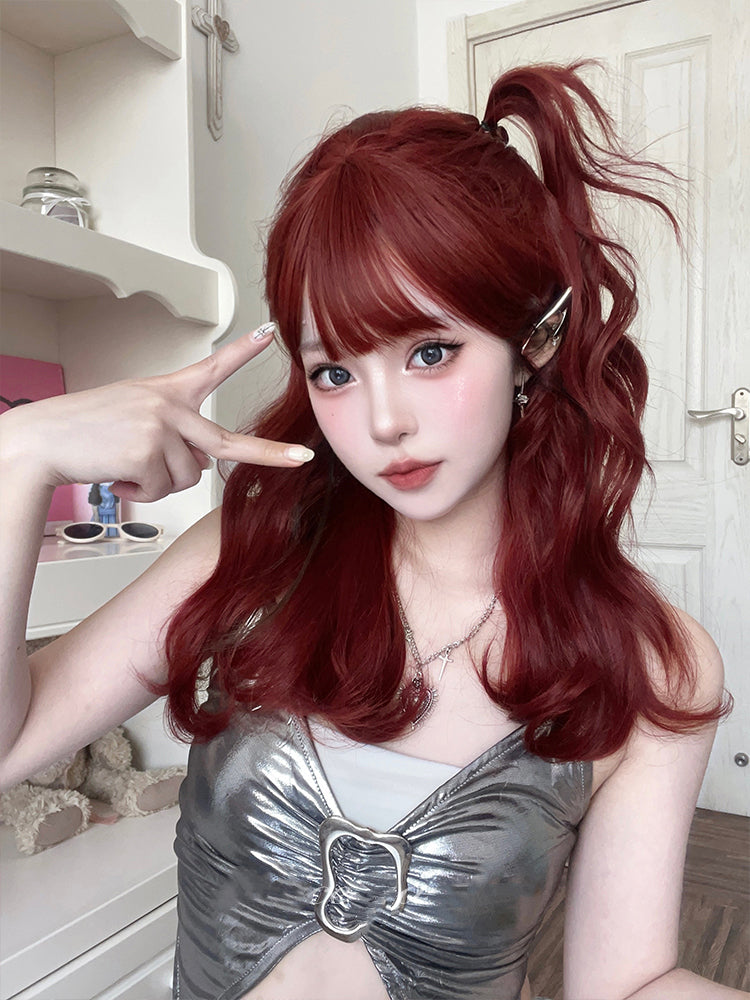 Full Bangs Medium Wavy Wine Red Synthetic Wig