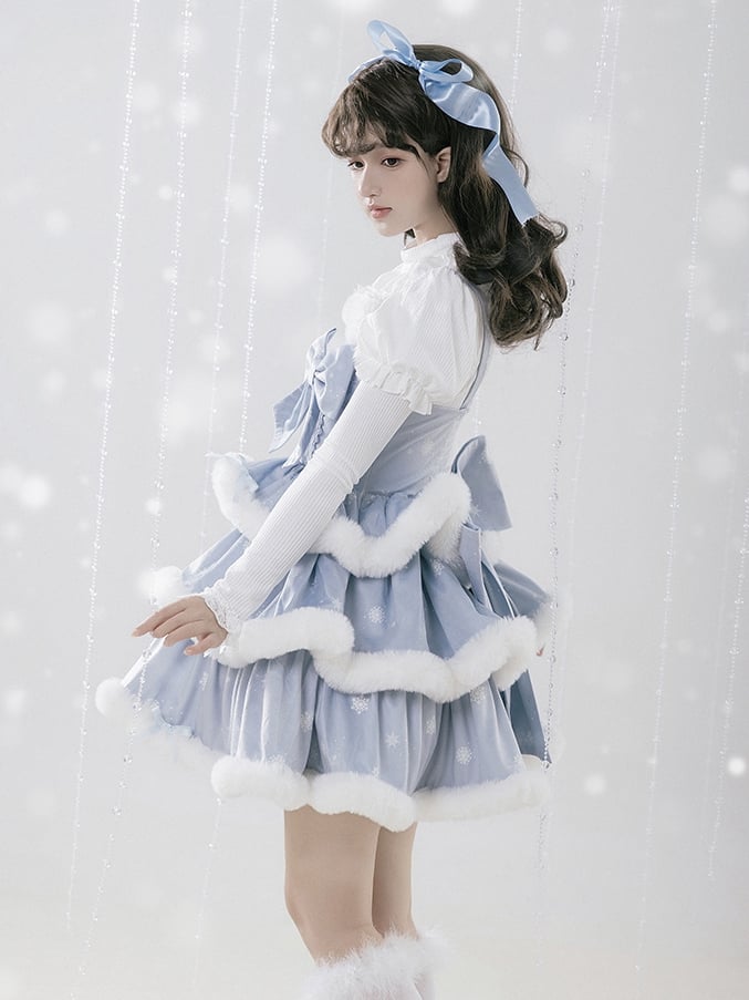 Blue Snowflake Print White Plush Trim Tiered Jumper Skirt - Sukuroi