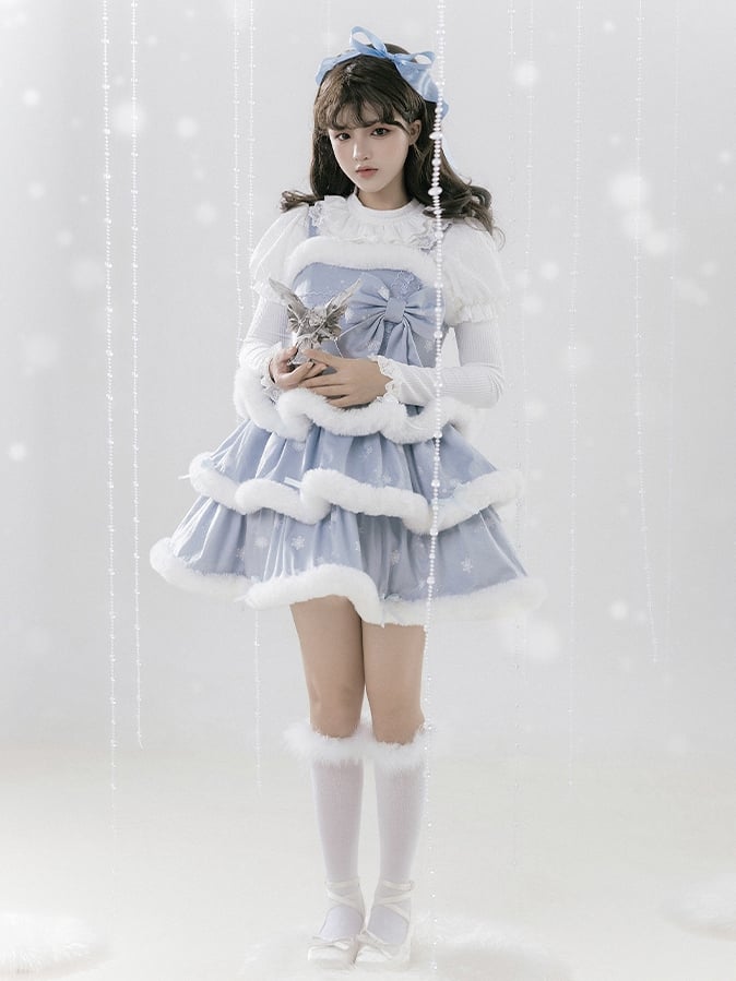 Blue Snowflake Print White Plush Trim Tiered Jumper Skirt - Sukuroi