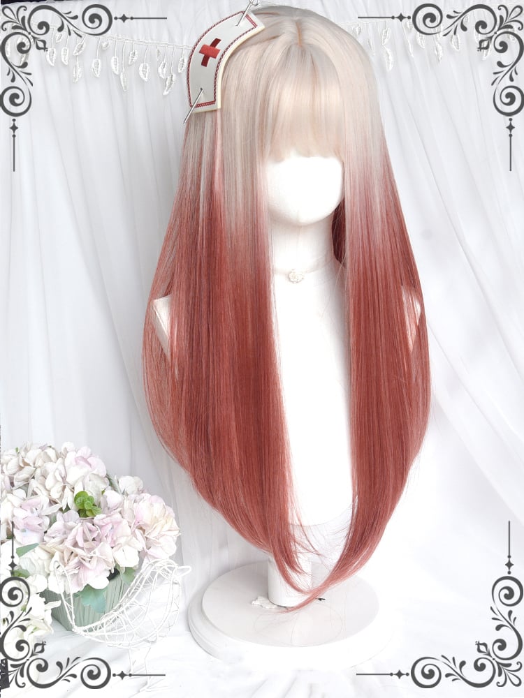 Off-white to Rust Red Ombre Long Straight Synthetic Wig