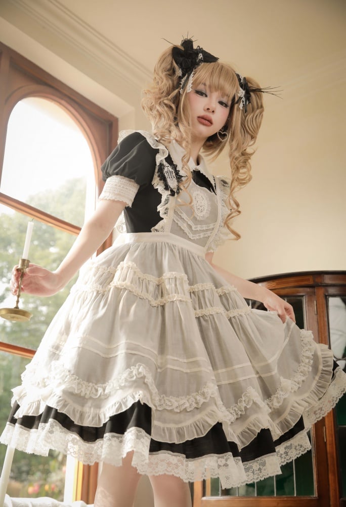 Black and White Short Puff Sleeves One Piece - Sukuroi