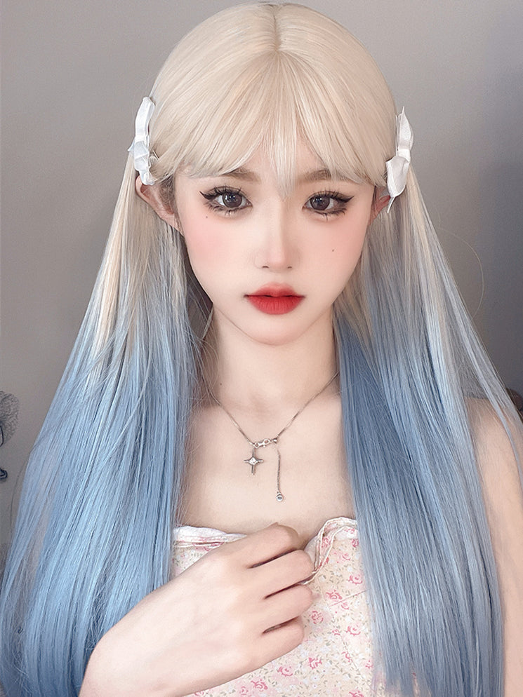 Apricot to Light Blue Ombre Long Straight Synthetic Wig