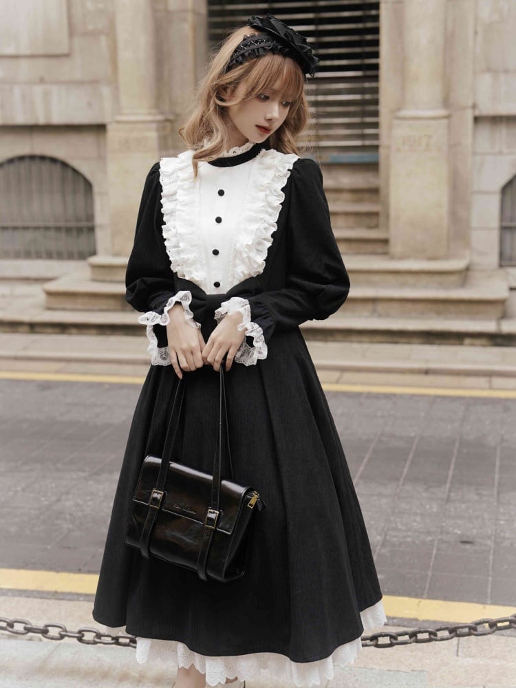 Black and White Elegant Leg-of-Mutton Sleeves One Piece