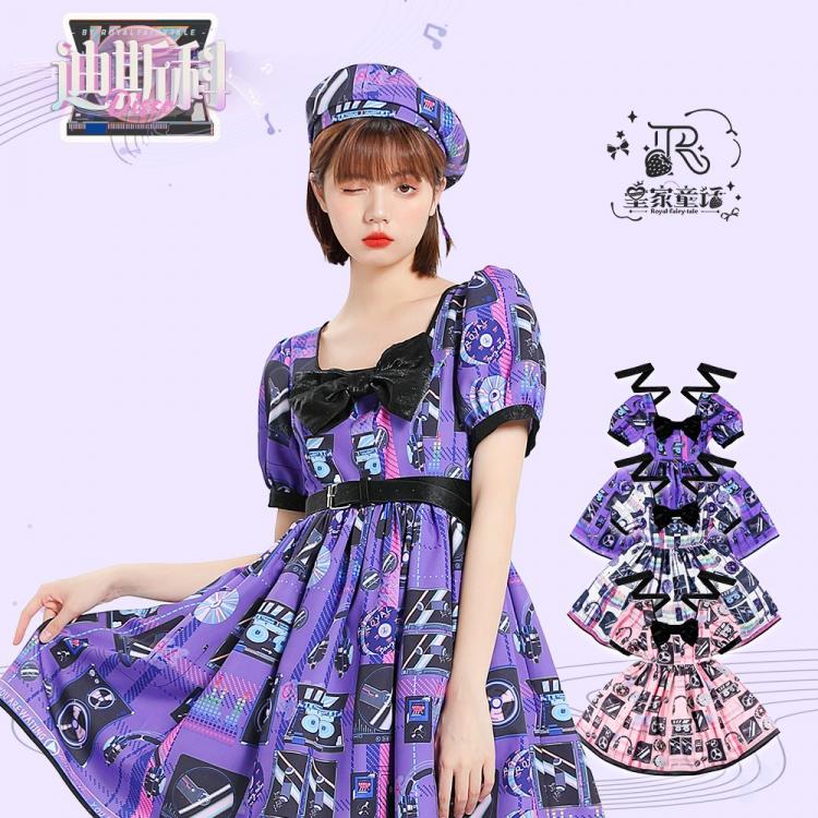 Disco Square Neckline Short Puff Sleeves Print Sweet One Piece