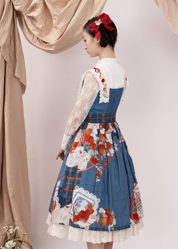 Apple and Floral Embroidery Square Neckline Blue Jumper Skirt