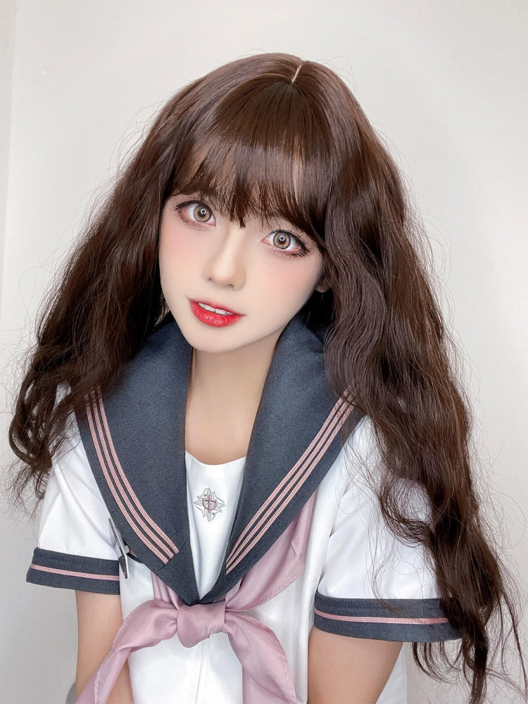 Long Wavy Dark Chocolate Brown Wig with Bangs
