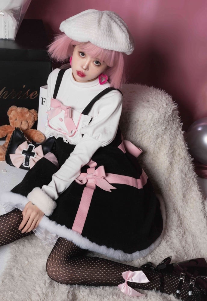 Black and Pink Sweet Bowknot Winter Jumper Skirt Plush Hemline