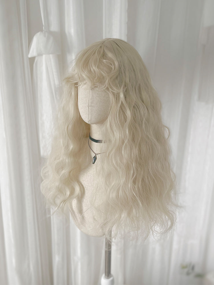 White Wavy Synthetic Wig with Curly Bangs