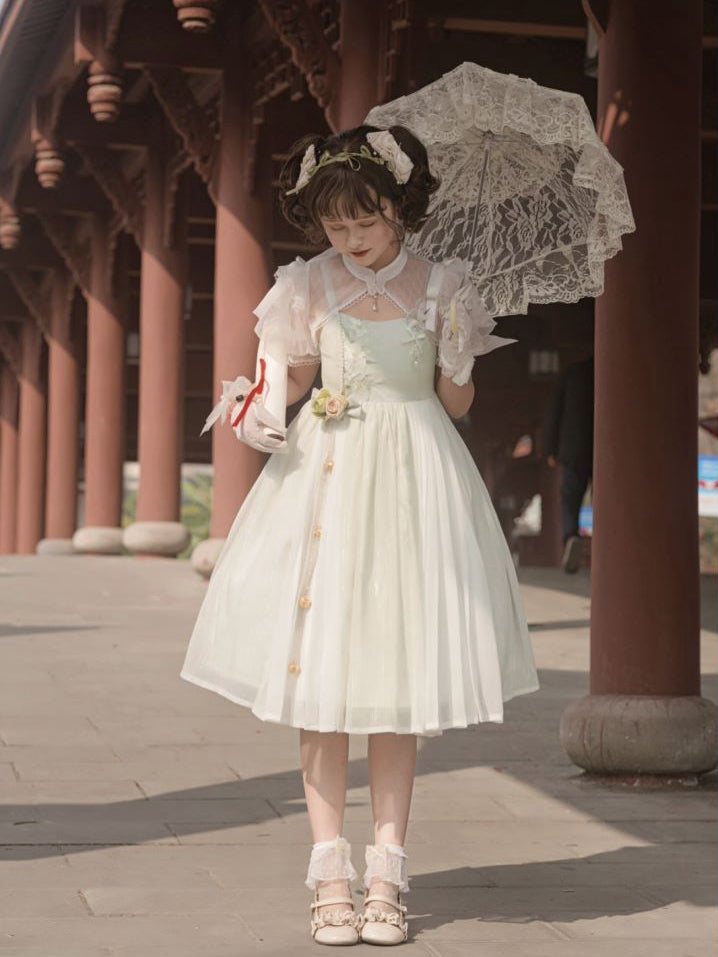 Green Floral Embroidery Dress + White Banded Collar Top