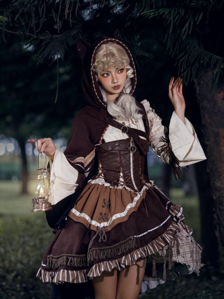 Brown Open Shoulders One Piece + Corset Belt + Cape Steampunk Hunter OP Full Set