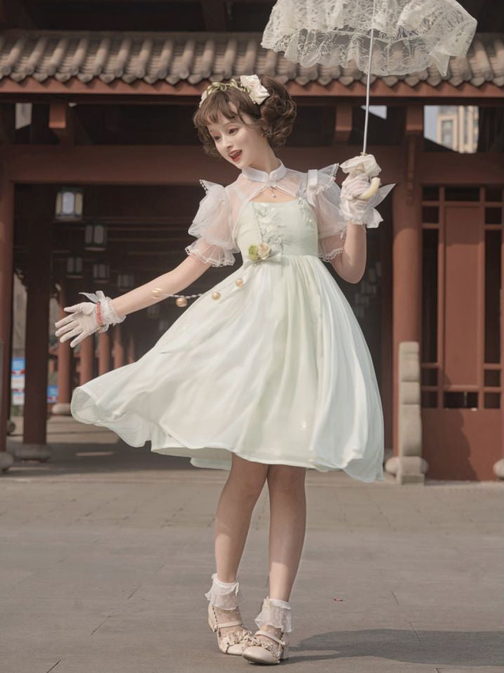 Green Floral Embroidery Dress + White Banded Collar Top