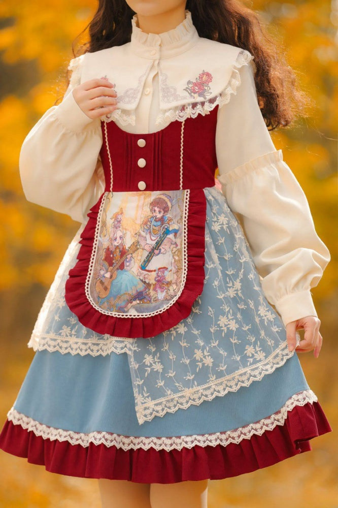 Fairy Tale Overture Girl and Violin Print Ruffle Trim Overalls