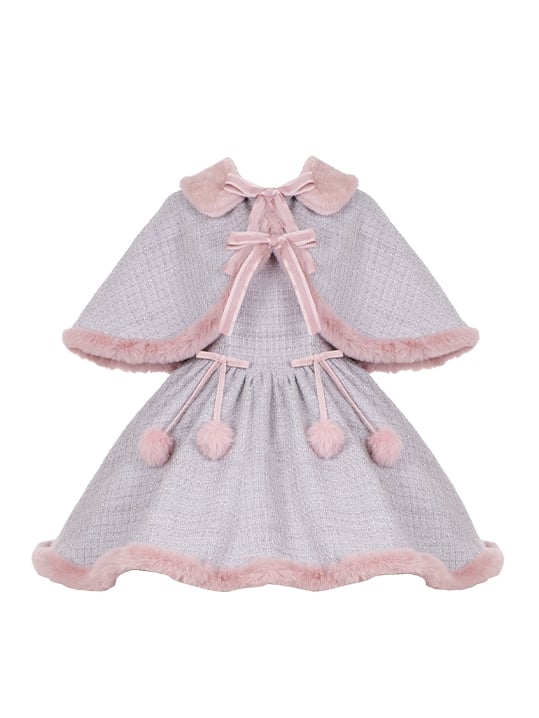 Gray and Pink Plush Hemline Tweed Jumper Skirt + Cape - Sukuroi