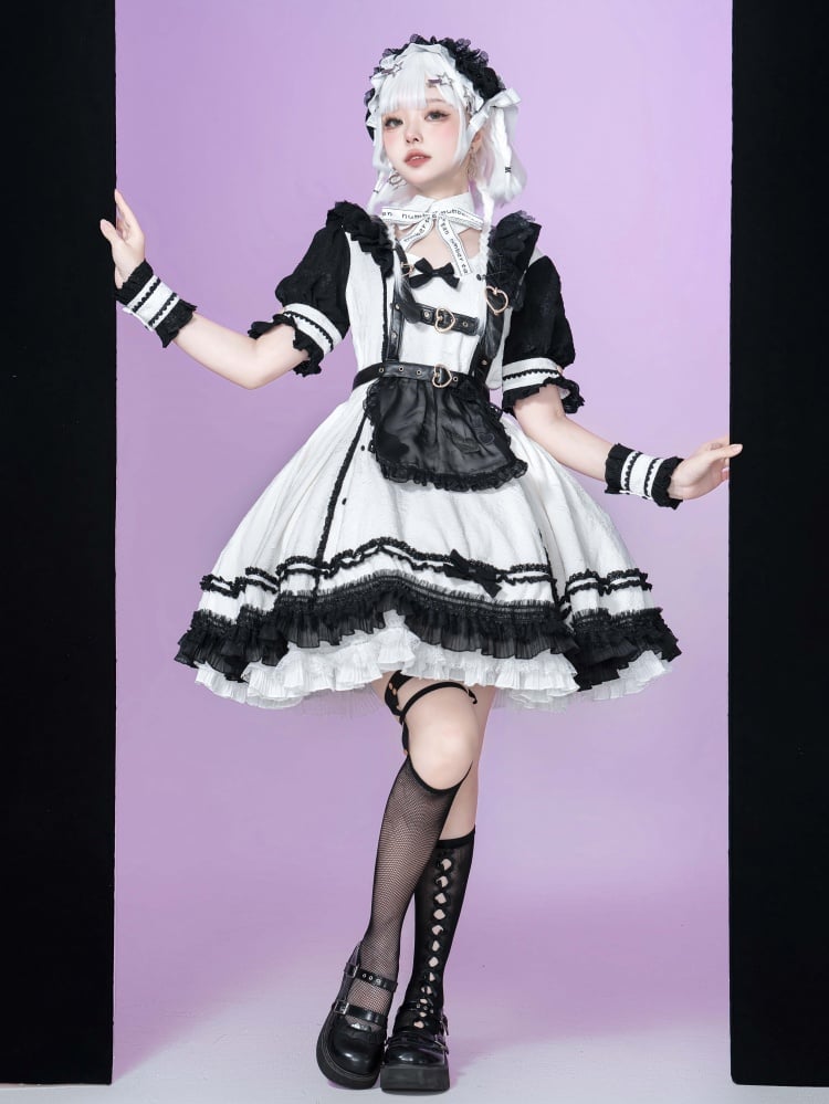 Black and White Punk Maid Dress Short One Piece + Black Apron - Sukuroi