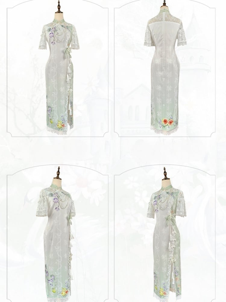 Light Green Figs and Floral Print Elegant Qipao Dress