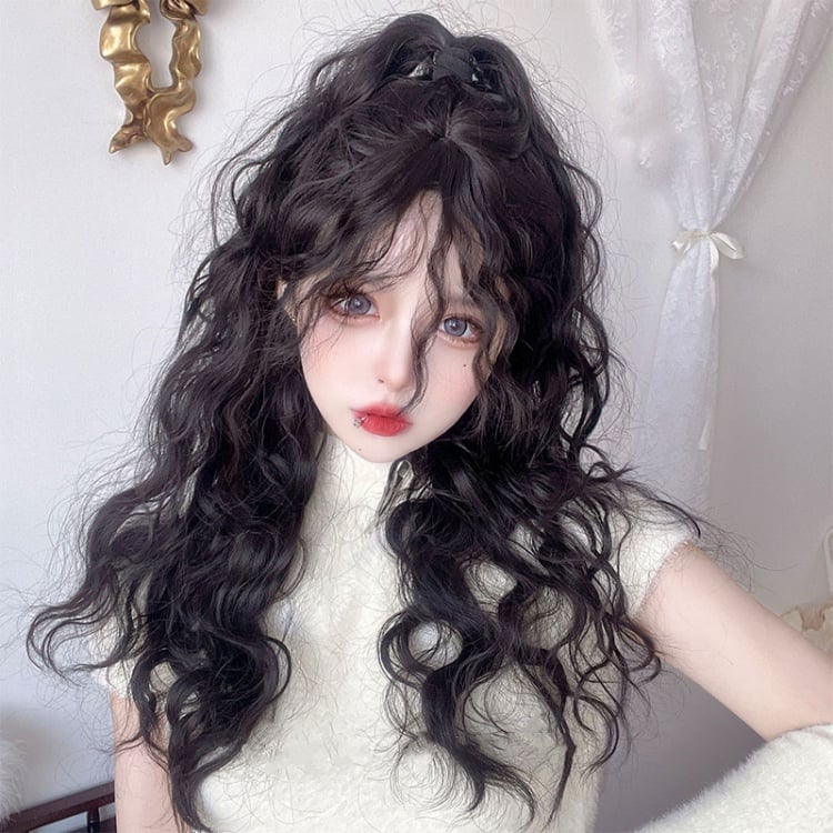 Black Brown Curly Long Synthetic Wig with Curly Bangs