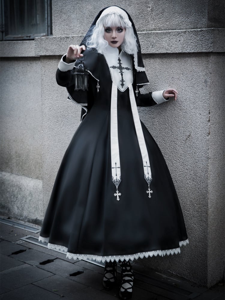 Black and White Cross Embroidery Gothic Nun Lolita Dress + Cape