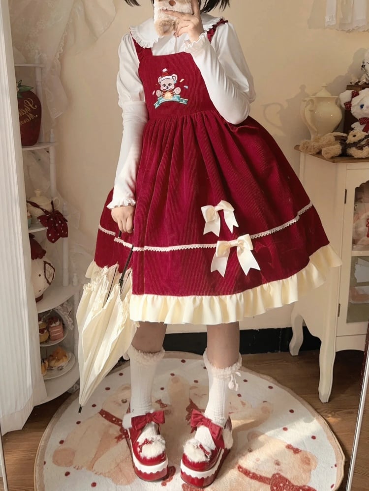 Red Christmas Bear Embroidery Bodice High Waist Jumper Skirt