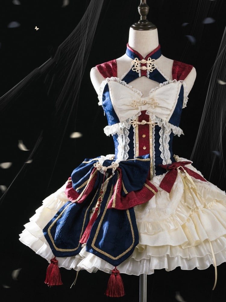 Dark Blue and Red Detachable Collar Qi Tiered Ruffles Jumper Skirt - Sukuroi