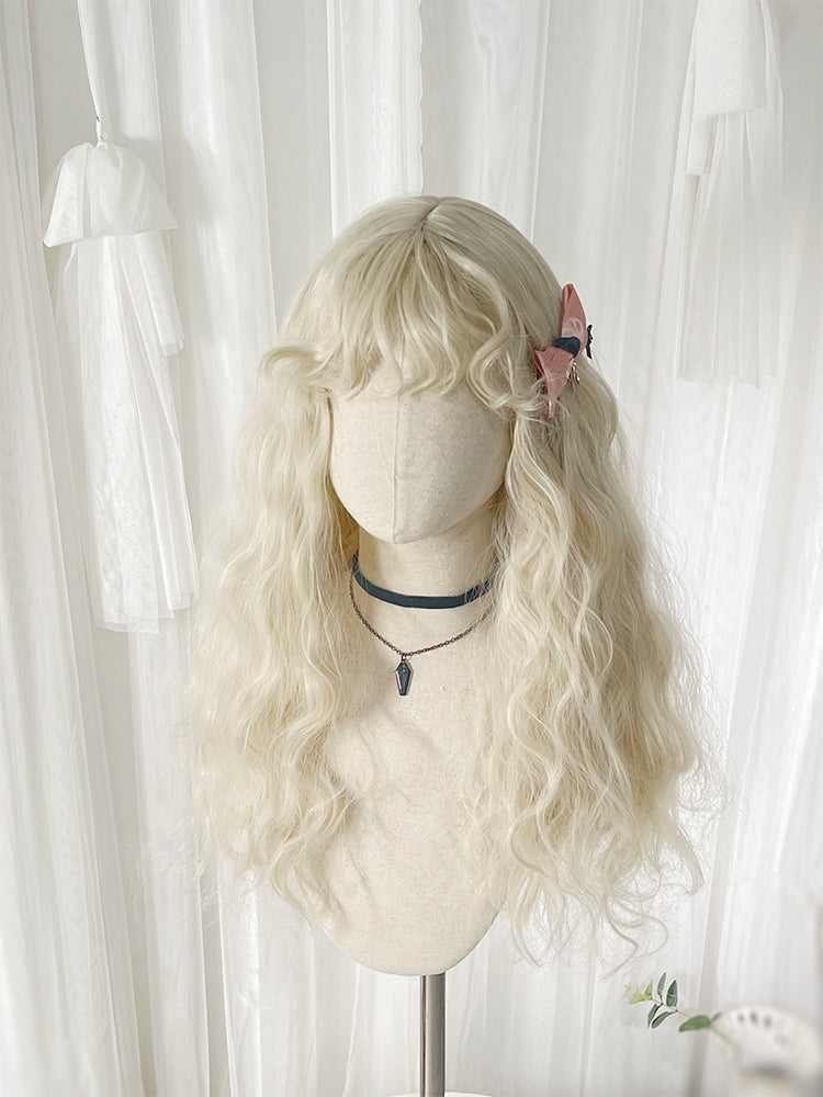 White Wavy Synthetic Wig with Curly Bangs