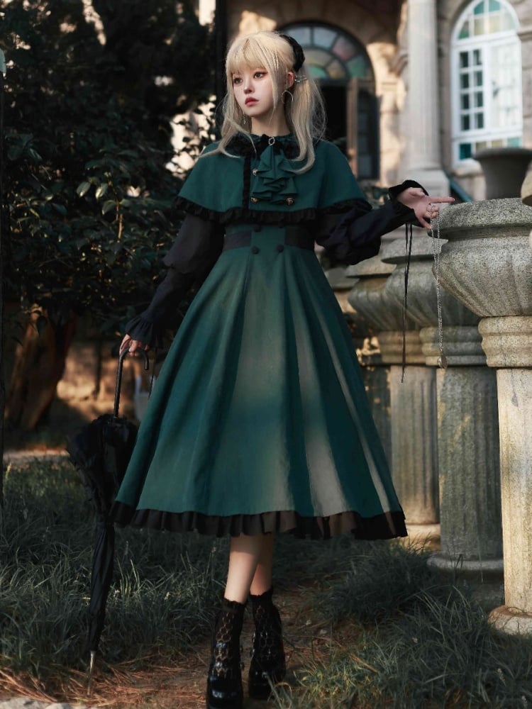 Dark Academia Fashion Slytherin Green and Black Leg-of-Mutton Sleeves One Piece