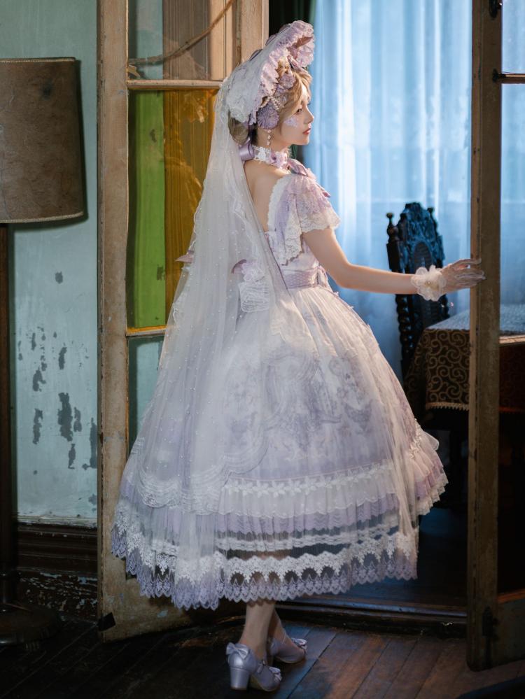 In Stock Key to the Fairyland Hime Lolita Dress Purple Flowy Short Lace Sleeves Lolita Dress Full Set