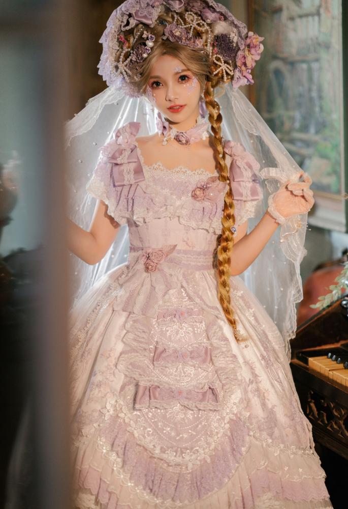 In Stock Key to the Fairyland Hime Lolita Dress Purple Flowy Short Lace Sleeves Lolita Dress Full Set