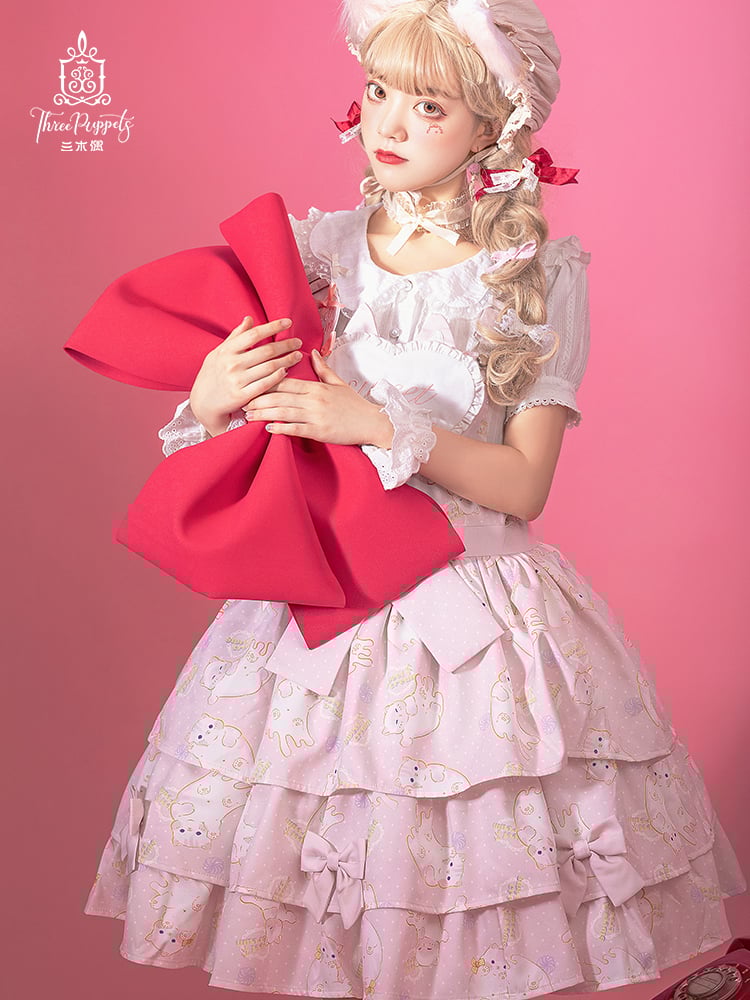 Creamy Meow Heart-shaped Front Tiered Skirt Sweet Jumper Skirt Full Set